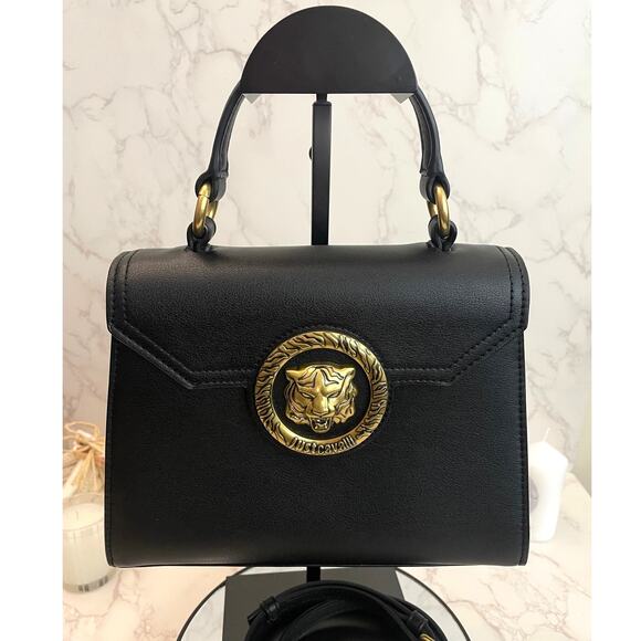Just Cavalli Handbags - Just Cavalli Black Faux Leather Logo-Buckle Top-Handle / Crossbody EUC